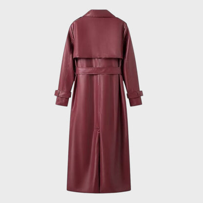 Ilgatis | Moteriškas ilgas lietpaltis iš dirbtinės odos su atverčiamais atlapais