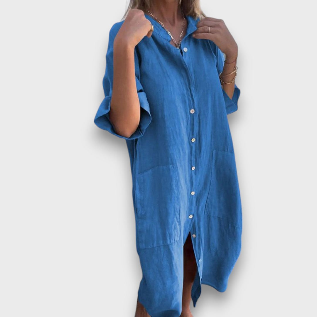 Lininis Suknelė su Mygtukais ir Kišenėmis