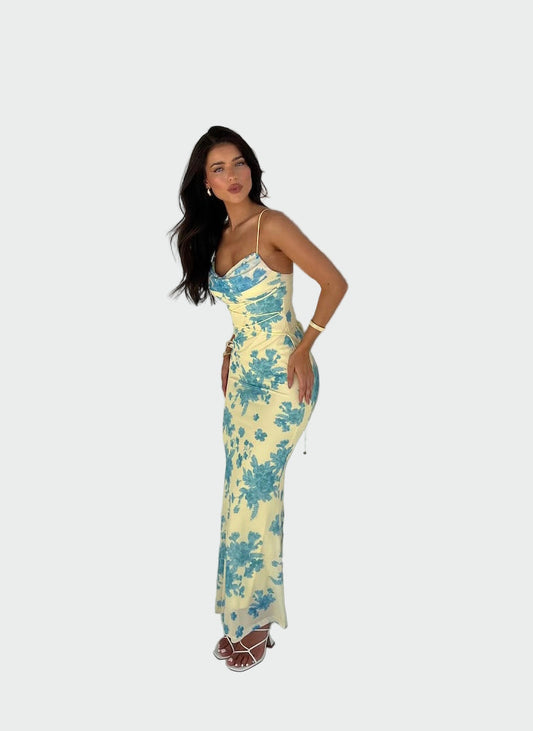 Satinis Suknelė su Gėlių Raštu