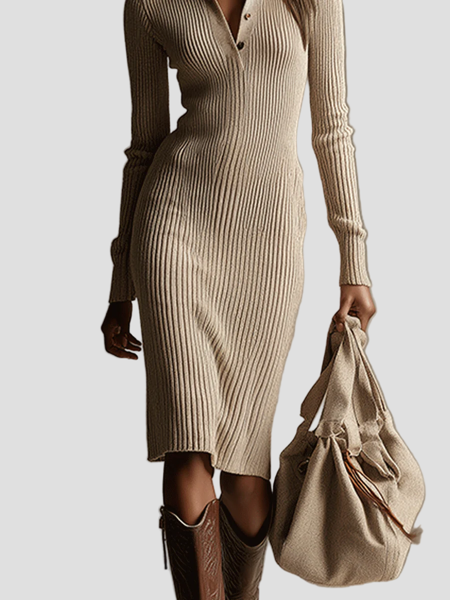 Amandine - Bežinė Ripsuota Midi Suknelė