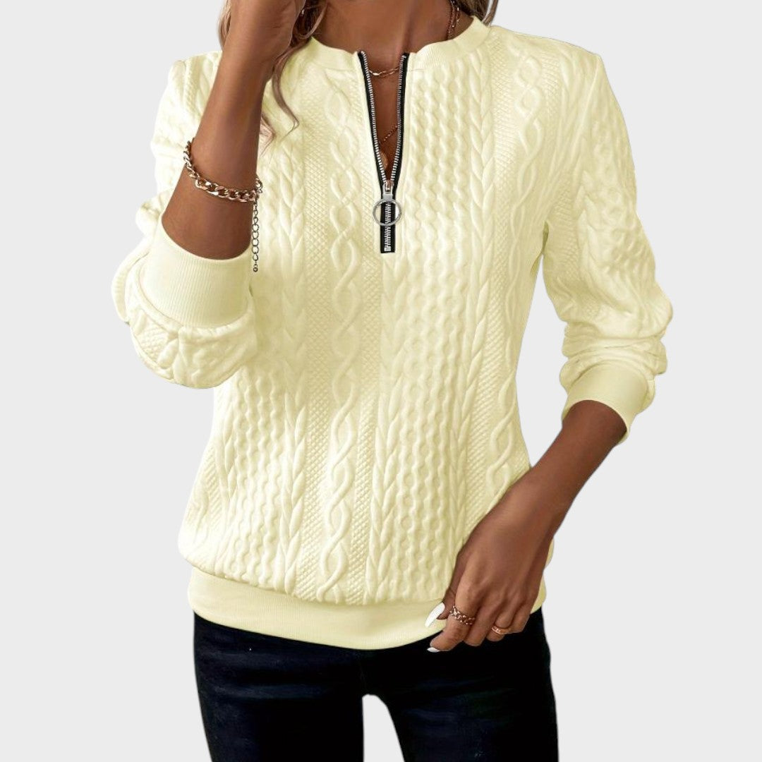 Minda - Moteriškas megztinis su užtrauktuku ir pynės mezginiu